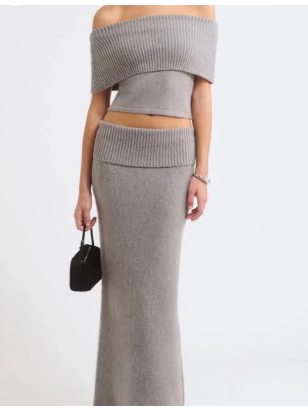 Rumored Taupe Ribbed Off-Shoulder Crop Top & Maxi Skirt Set